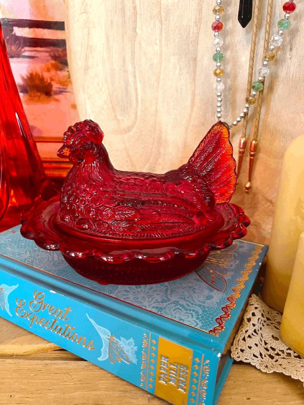 Mosser Glass Ruby Red Hen on Nest 6.5" Wide Rim Covered Dish Pressed Glass Chick